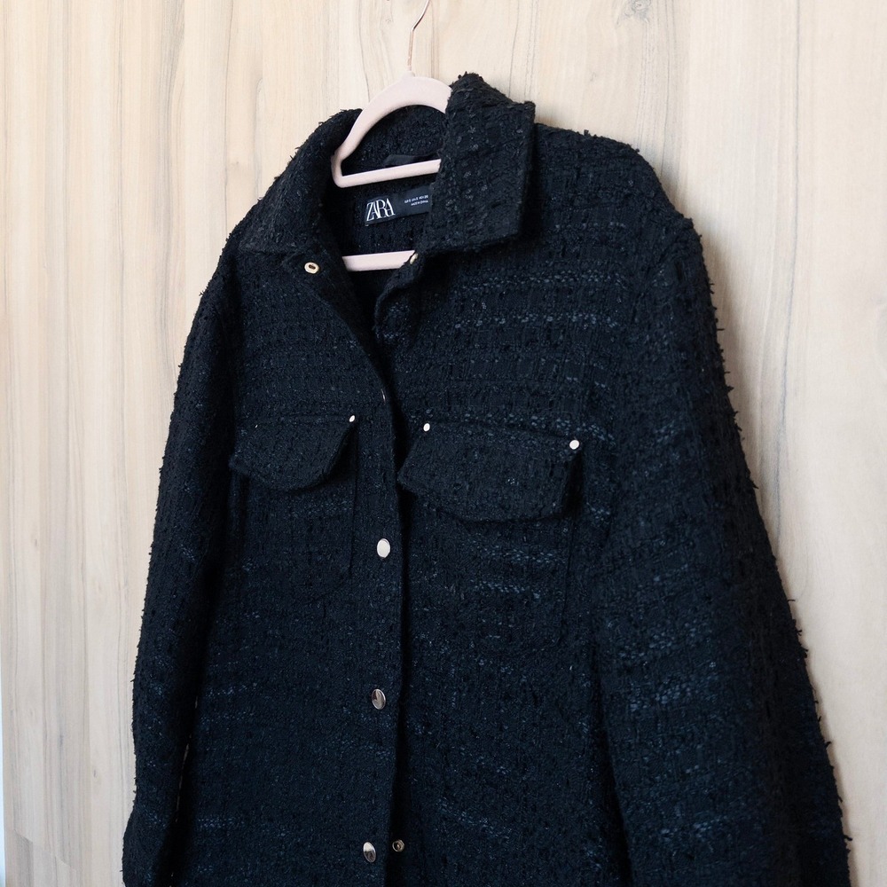 Zara Womens Tweed Shacket S Oversized Black Textured Jacket Preppy Parisian Chic - Picture 4 of 8